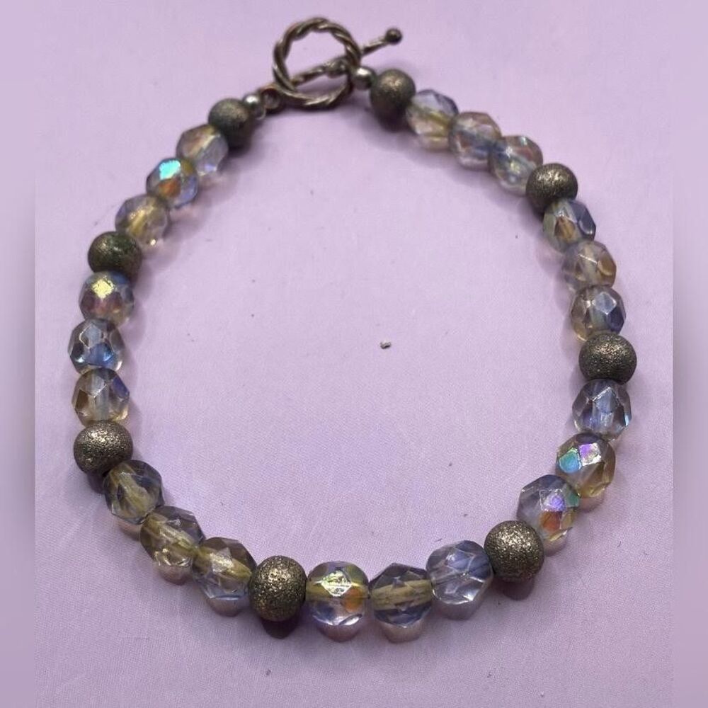 Iridescent AB Faceted Glass Beaded Bracelet Toggle Clasp Stardust Beads 7.5”